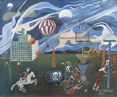 Josef Hlinomaz, Packs of Scientists Probing the Surroundings of a Research Institute, 1969, oil on canvas