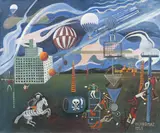 Josef Hlinomaz, Packs of Scientists Probing the Surroundings of a Research Institute, 1969, oil on canvas