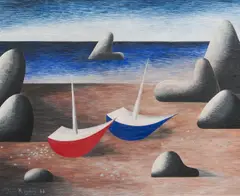 Jan Zrzavý, Barques on Shore, 1948, oil tempera on plywood