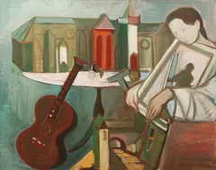 Endre Nemes, Žena s kytarou a kostelem, 1943, olej na plátně