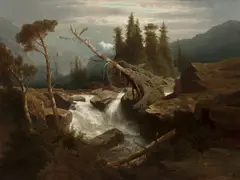 Adolf Chwala, Mountain landscape with the wild river, 1867, oil on canvas