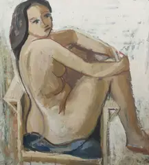 Jánuš Kubíček, Akt na proutěné židli, 1959, tempera na sololitu