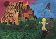 Josef Hlinomaz, Babylónská věž, 1977, komb. tech. (koláž, tempera, tuš, pero) na papíře,
