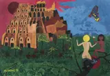 Josef Hlinomaz, Babylónská věž, 1977, komb. tech. (koláž, tempera, tuš, pero) na papíře,
