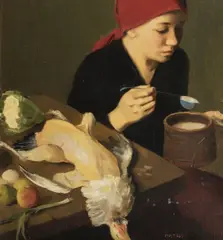 Mladá kuchařka by Josef Multrus, 30. léta 20. století, olej na plátně lepeném na kartonu, sold May 2018