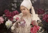 Vítězslav Karel Mašek, Dívka s květy pivoněk, 1906, olej na plátně