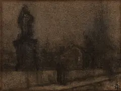 Na Karlově mostě by Jakub Schikaneder, 1910-1915, kresba uhlem lavírovaná akvarelem, sold Dec 2018