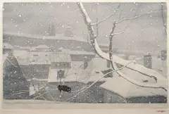 Vojtěch Preissig, Hradčany ve sněhu, 1908, barevný lept s akvatintou na papíře