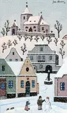 Josef Lada, A snowman on the village square, 1951, gouache on paper