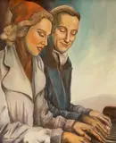 Karel Gott, Oldřich Nový and Anna Ondráková, 2004, oil on canvas