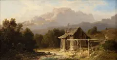 Hugo Ullik, Alpine landscape with small mill, 1876, oil on canvas
