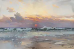 Hans Bohrdt, Coast at sunset, 10. léta 20. století, comb. tech. (oil, tempera) on cardboard