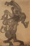 Emil Filla, Horse attacked by lion, 1938, japanese ink on silk glued on plywood