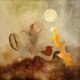 Landscape with bird and leaf by Ota Janeček, 1982, oil on hardboard, sold May 2019
