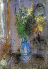 Jakub Špaňhel, Bouquet in blue vase, 2018, comb. tech. (acrylic, pigments) on canvas