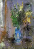 Jakub Špaňhel, Bouquet in blue vase, 2018, comb. tech. (acrylic, pigments) on canvas