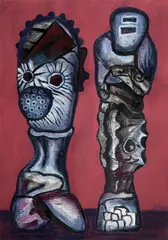 Jaroslav Róna, Two statues on a wine-coloured background, 2018, comb. tech (pen, ink, charcoal) on paper