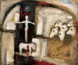 Josef Jira, My Lambs, 1979, mixed technique (oil, acyrlic, textile, ink) on hardboard