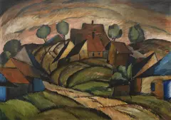 František Foltýn, Landscape around Mukacheve / Lovers, 1922, oil on hardboard