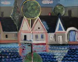Richard Fremund, Houses on the Water, 1957, oil on canvas