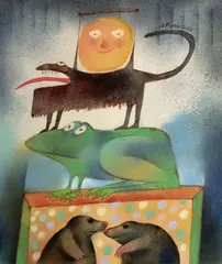 Adolf Born, Moles, Frog, Dog and Sun, 2009, mixed technique (ink, water-color) on paper