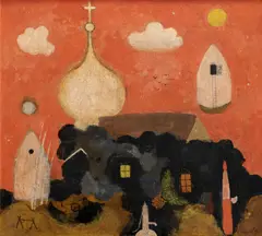 Václav Kiml, Evening yard, 1973, encaustic on canvas fixed on plywood