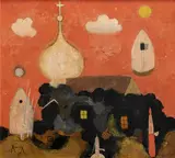 Václav Kiml, Evening yard, 1973, encaustic on canvas fixed on plywood