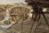 Otakar Lebeda, Bridge Construction, 1899–1900, oil on hardboard