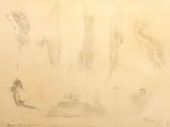 Toyen, Wind Coming into the Room, 1948, mixed media (pencil, red chalk) on paper