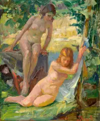František Jakub, Bathing, around 1920, oil on wooden board