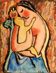 Mikuláš Galanda, Woman with a Child and a Poppyhead, 1938, tempera on cardboard