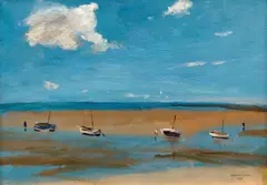 Rudolf Kremlička, Barges on a Shore, 1930, oil on canvas