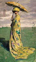 A Self Caricature with a Parasol by Max Švabinský, 1904, mixed media (ink, watercolour) on paper, sold May 2021