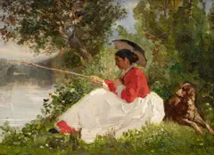 Jules Jacques Veyrassat, Fishing Woman, circa 1875, oil on wooden board