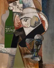 Emil Filla, Bottle of Wine and Plate of Apples, 1913-1914, mixed media (oil, sand) on canvas