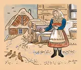 Josef Lada, Feeding Birds in Winter, 1946, mixed media (watercolour, ink, white) on paper