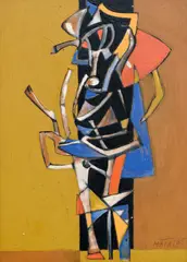 Figure in a Confined Space by Bohumír Matal, 1985, olej na sololitu, sold Nov 2021