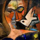 Ota Janeček, A Girl and a Bird, 1983, oil on cardboard