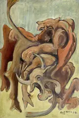 Emil Filla, The Fight, 1938, mixed media (oil, tempera) on wood panel