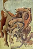 Emil Filla, The Fight, 1938, mixed media (oil, tempera) on wood panel