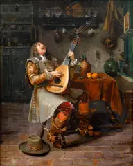 The Mandolin Player by Jan Skramlík, before 1900, oil on wood panel, sold May 2022