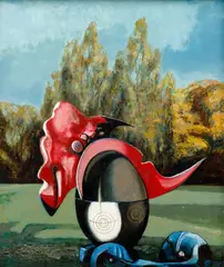 Josef Liesler, Still Life in a Landscape, 1980, oil on wood panel