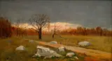 Antonín Chittussi, Path in Fontainebleau With Sunset (Landscape in Fontainebleau), circa 1885, oil on wood panel