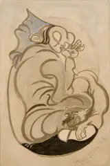 Emil Filla, Woman with a Dog, 1938, mixed media (ink, watercolor, tempera) on unprimed canvas laid down on plywood