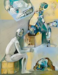Endre Nemes, Resting Men, 1979, mixed media (tempera, oil) on canvas