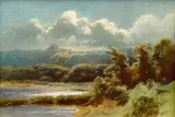 Landscape with a Lake by Charlotte Piepenhagen-Mohr, 1860s–1870s, oil on paper, sold May 2022