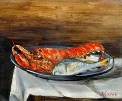 Jan Slavíček, Still Life with a Lobster and a Fish, circa 1943, oil on plywood