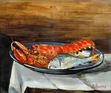 Jan Slavíček, Still Life with a Lobster and a Fish, circa 1943, oil on plywood