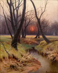 Karel Liebscher, Autumn Sunset, 1890s, oil on cardboard