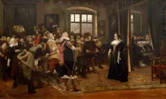 Václav Brožík, Polyxena of Lobkowicz Hiding the Emperor's Emissaries, V. Slavata and J. Martinic, after the Second Defenestration in 1618, 1892, oil on canvas